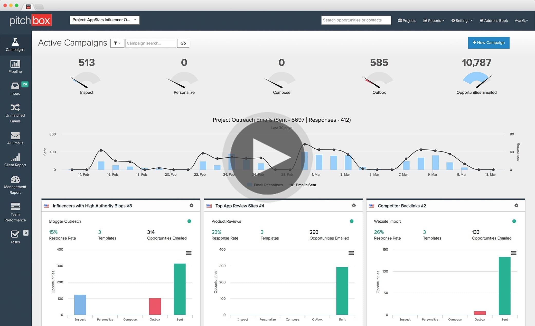 Pitchbox dashboard play video