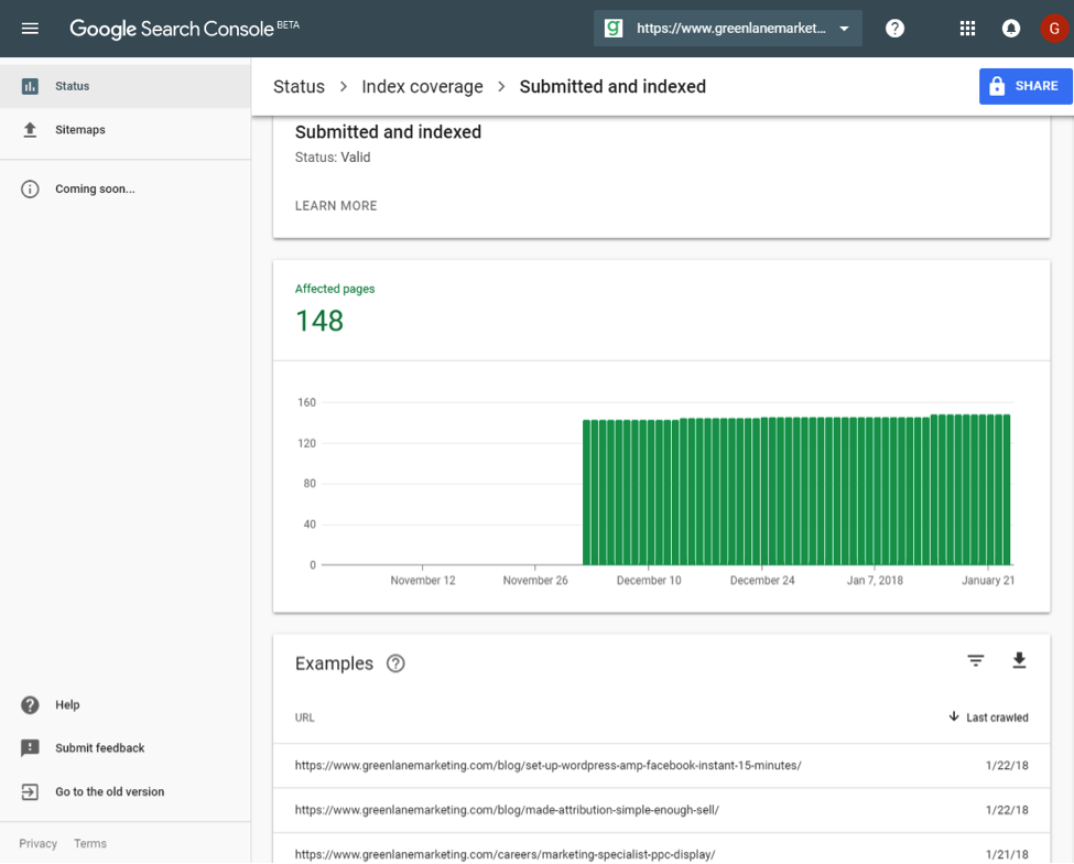 Google Search Console submitted and indexed pages reports