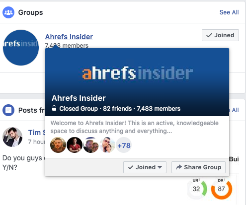 Ahrefs insider Facebook group