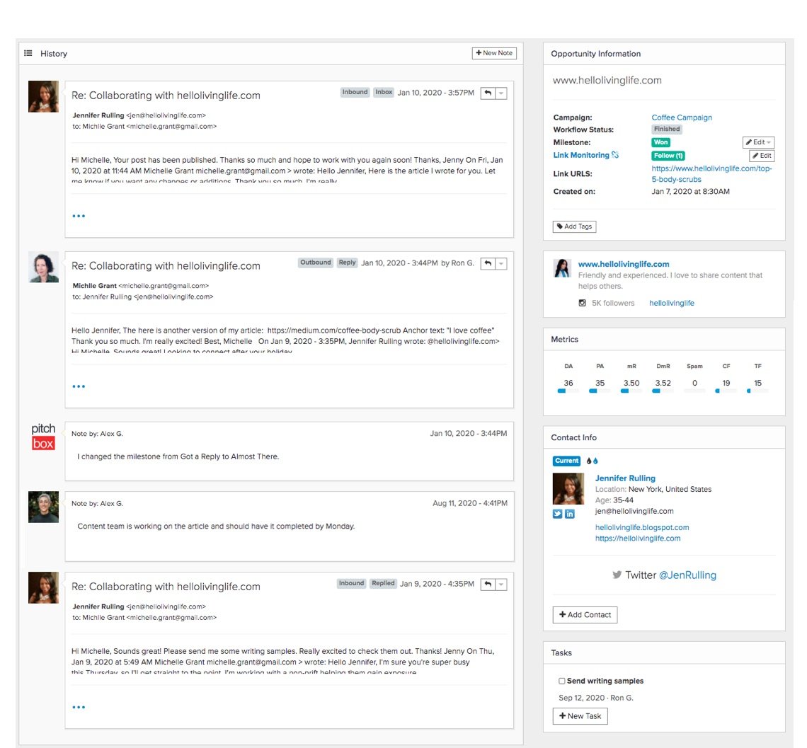 Pitchbox outreach history dashboard