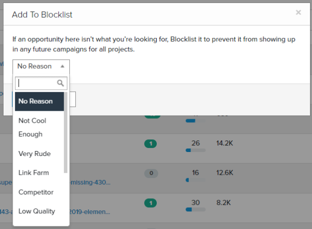 Add to Blocklist Reason - Pitchbox